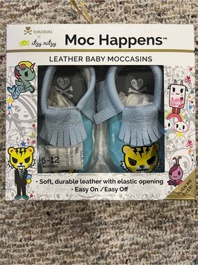 Moc Happens Leather Baby Moccasins by itzy ritzy x tokidoki - Light Blue